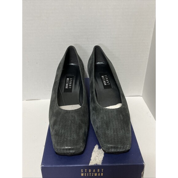 Stuart Weitzman Any day Gray Scottish Napa Block Heels Size 9.5M Pump Square Toe - Picture 3 of 8